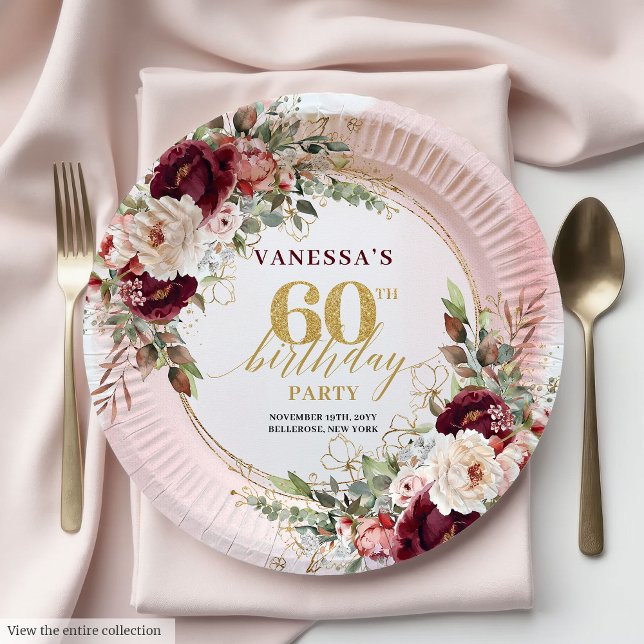 Plato De Papel Lujo Burgundy Oro Floral 60 Cumpleaños Boho (Luxury Burgundy Gold Floral 60th Birthday Boho Plates)