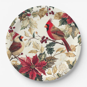 Plato De Papel Lujo Cardenal Nochebuena Navidad Crema Rojo