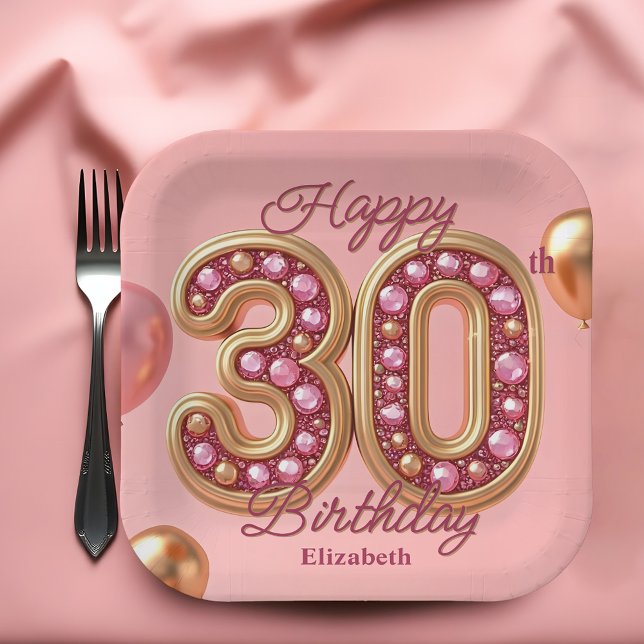 Plato De Papel Lujo Glam Pink y Gemstone Oro 30 cumpleaños (Subido por el creador)