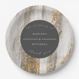 Plato De Papel Lujo Marble Gold purpurina blanco y gris