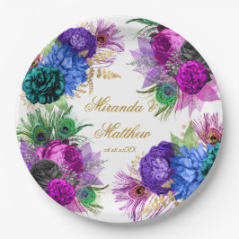Plato De Papel Lujo Mardi Gras Peacock Gold Peony Boda Pape