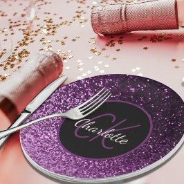 Plato De Papel Lujo monograma purpura rosa brillo cumpleaños