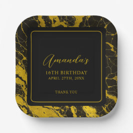 Plato De Papel Lujoso dulce de mármol negro y oro 16 cumpleaños