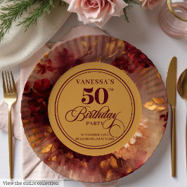 Plato De Papel Lujoso Marsala Rubor Gold Floral 50 cumpleaños