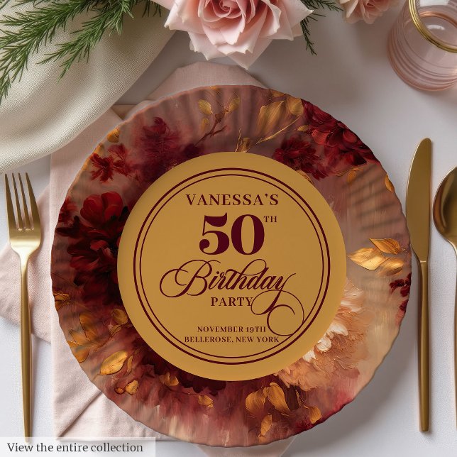 Plato De Papel Lujoso Marsala Rubor Gold Floral 50 cumpleaños (Luxury Marsala Blush Gold Floral 50th Birthday Paper Plates)