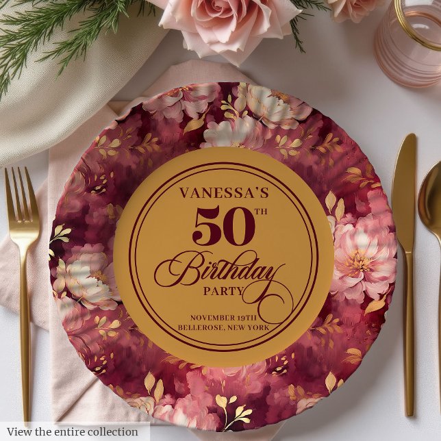 Plato De Papel Lujoso Marsala Rubor Gold Floral 50 cumpleaños (Luxury Marsala Blush Gold Floral 50th Birthday Paper Plates )