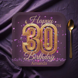 Plato De Papel Lujoso morado y oro Gemstone 30 cumpleaños