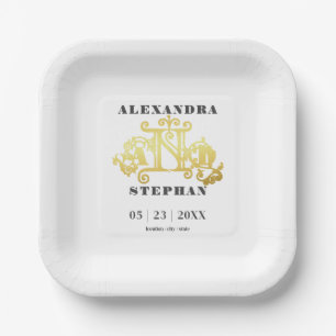 Plato De Papel Lujoso Romántico Flourish Caligraphy Boda Gold