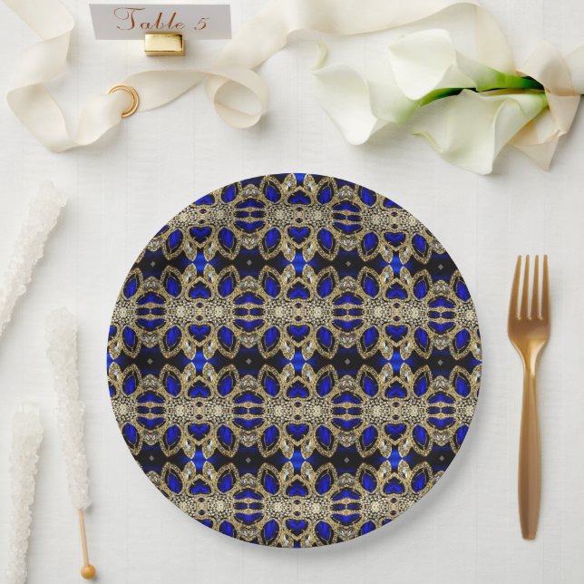 Plato De Papel Lujoso trendy Elegante Oro Turquesa Cobalto Azul (Boda)