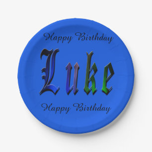 Plato De Papel Luke, Logotipo de Nombre, Papel azul de fiesta de