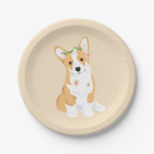 Plato De Papel LuluBelle el Corgi bonito con la corona de la flor