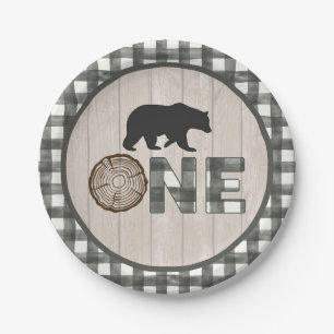 Plato De Papel Lumberjack 1ª Placa de papel de cumpleaños - Oso O