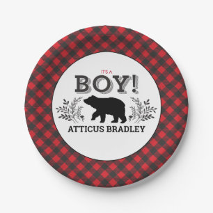 Plato De Papel Lumberjack Bear Baby Boy Ducha Placa