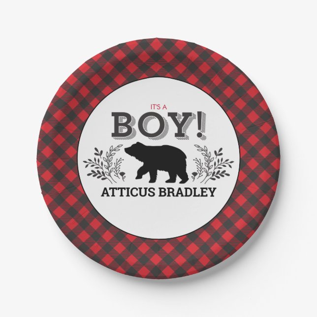 Plato De Papel Lumberjack Bear Baby Boy Ducha Placa (Anverso)