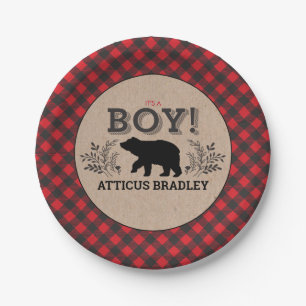 Plato De Papel Lumberjack Bear Baby Shower Plate