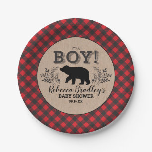 Plato De Papel Lumberjack Bear Baby Shower Plate