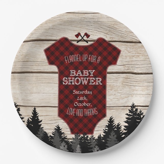 Plato De Papel Lumberjack Buffalo Baby Suit Wood Baby Shower (Anverso)