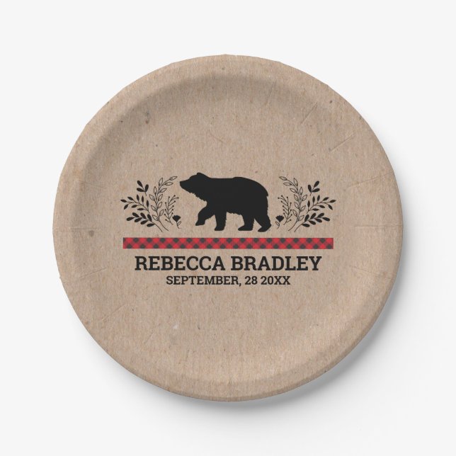 Plato De Papel Lumberjack Kraft Bear placa Baby Shower (Anverso)