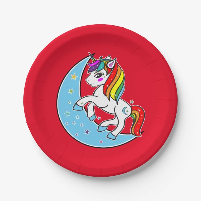 Plato De Papel Luna azul celeste arco iris y estrellas unicornio (Anverso)