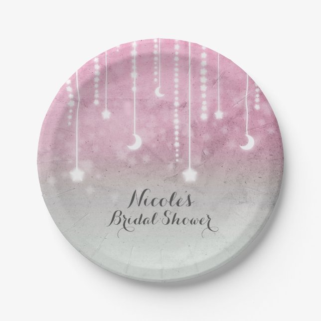 Plato De Papel Luna blanca rosa y rosa y Baby Shower Celestial (Anverso)