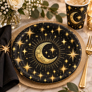 Plato De Papel Luna creciente y estrellas elegantes en negro y do
