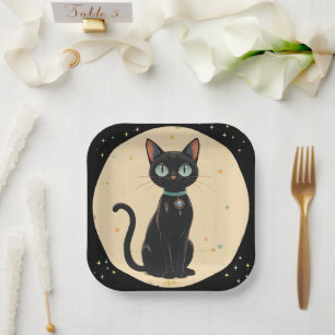 Plato De Papel Luna de gato negro futurista atómico