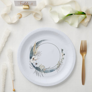 Plato De Papel Luna de Media Luna Azul con Flores Blancas Cumplea