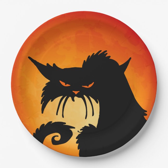 Plato De Papel Luna de Naranja de gato negro (Anverso)