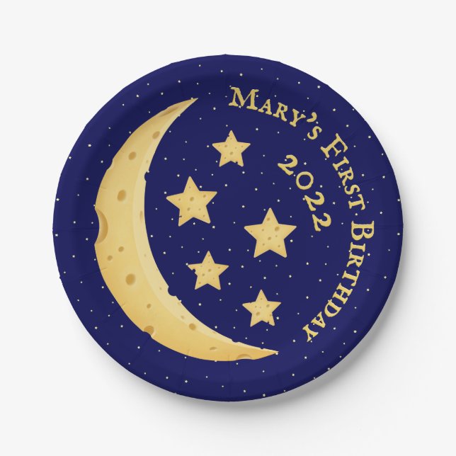 Plato De Papel Luna de queso y estrellas personalizadas (Anverso)