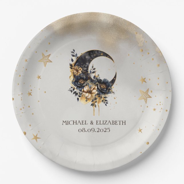 Plato De Papel Luna floral celestial, estrellas (Anverso)