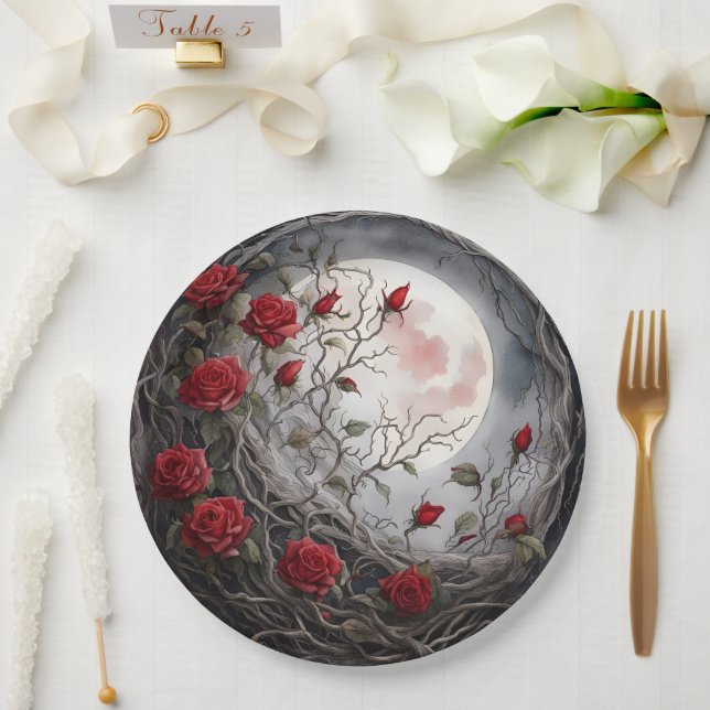 Plato De Papel Luna Gótica & Rosa Roja (Boda)