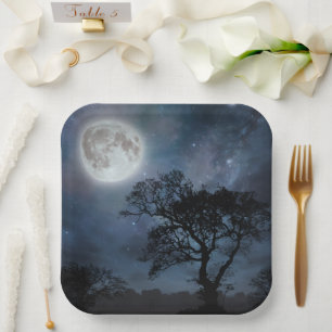 Plato De Papel Luna llena en un cielo estrellado