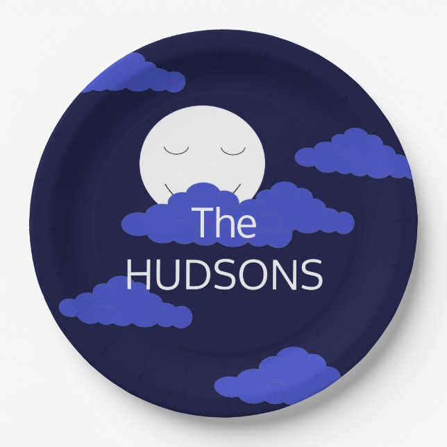 Plato De Papel Luna llena sonriente con nubes oscuras: (Anverso)