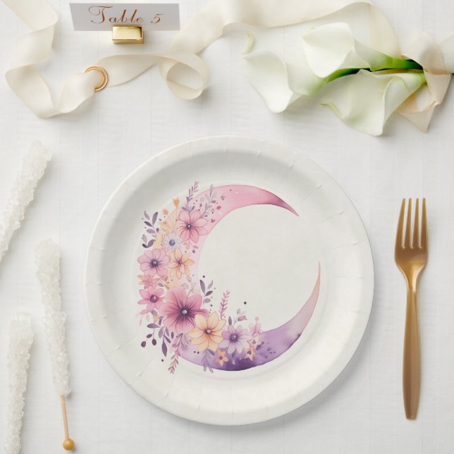 Plato De Papel Luna rosa de media luna con flores de Bonito (Boda)