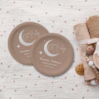 Plato De Papel Luna y estrellas con brillo plateado oh baby showe