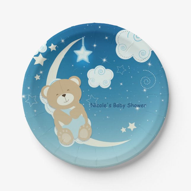Plato De Papel Luna y Estrellas de Osito Relleno para Baby Shower (Anverso)