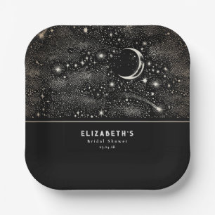 Plato De Papel Luna y Estrellas Noche Estrellada Celeste