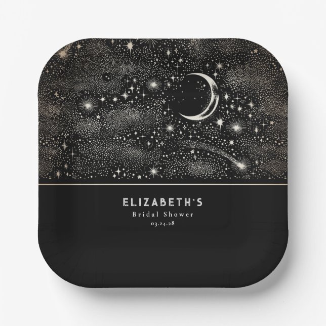 Plato De Papel Luna y Estrellas Noche Estrellada Celeste (Anverso)