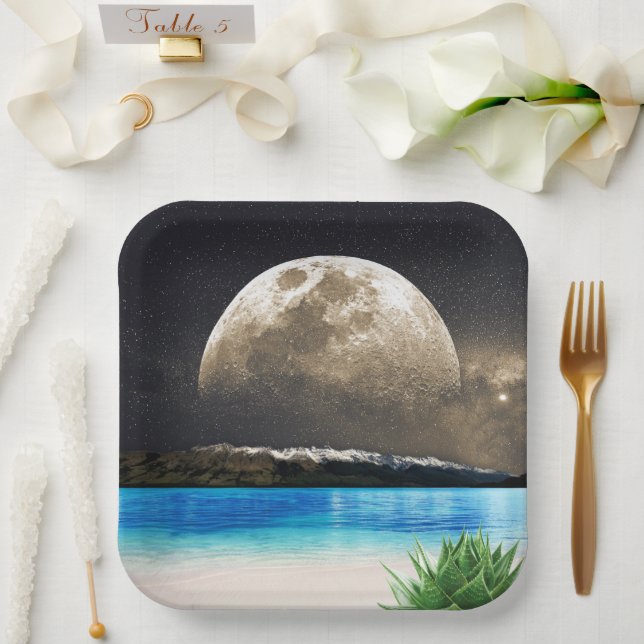 Plato De Papel Luna Y Playa (Boda)
