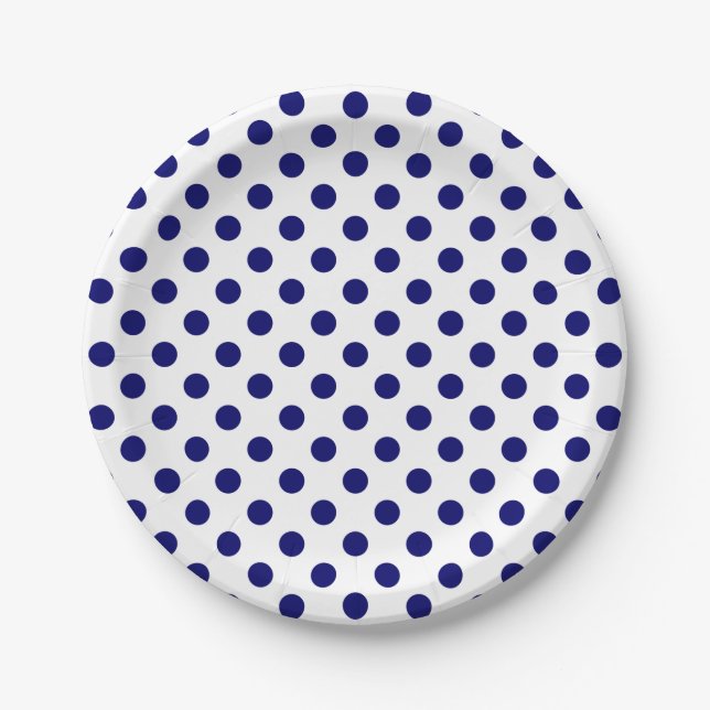 Plato De Papel Lunares Azules Marinos sobre Blanco (Anverso)