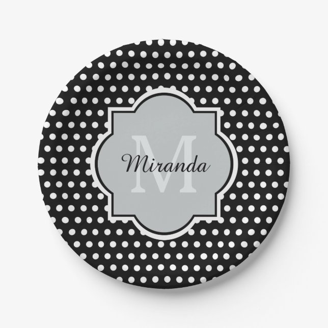 Plato De Papel Lunares blancos y negros intrépidos monograma y (Anverso)