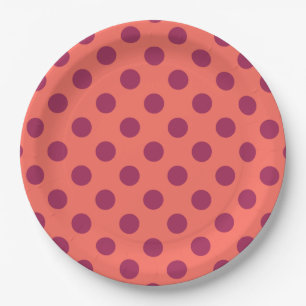 Plato De Papel Lunares de coral vivo y rojo vino