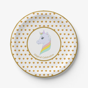 Plato De Papel Lunares Dorados y Unicornio