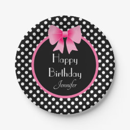 Plato De Papel Lunares en Blanco y Negro con Lazo Rosa Cumpleaños