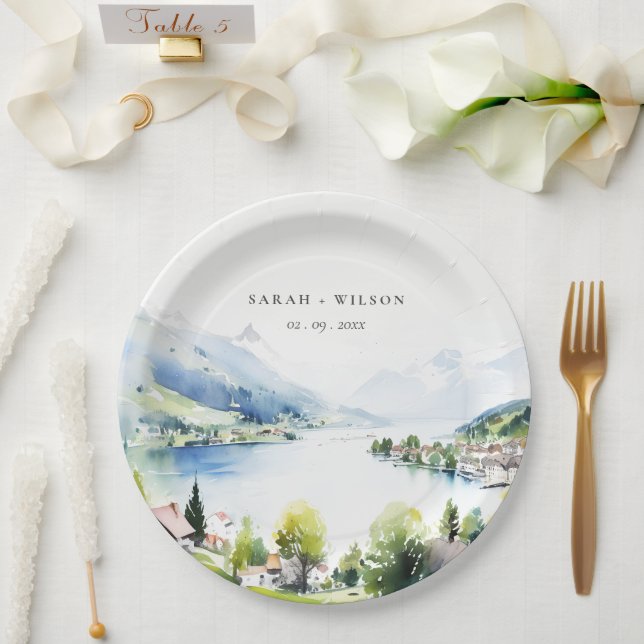 Plato De Papel Lungern Switzerland Watercolor Landscape Wedding (Boda)