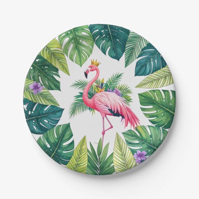 Plato De Papel Lush Leafy | Elegante Flamingo Rosa Crown Tropical (Anverso)