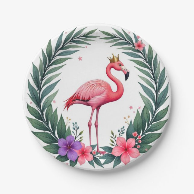 Plato De Papel Lush Leafy | Elegante Flamingo Rosa Crown Tropical (Anverso)