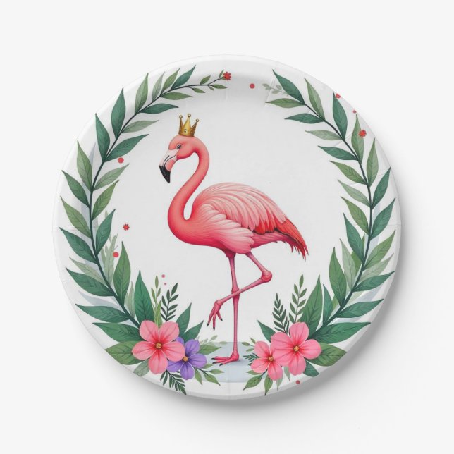 Plato De Papel Lush Leafy | Elegante Flamingo Rosa Crown Tropical (Anverso)