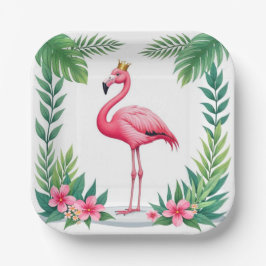 Plato De Papel Lush Leafy | Elegante Flamingo Rosa Crown Tropical
