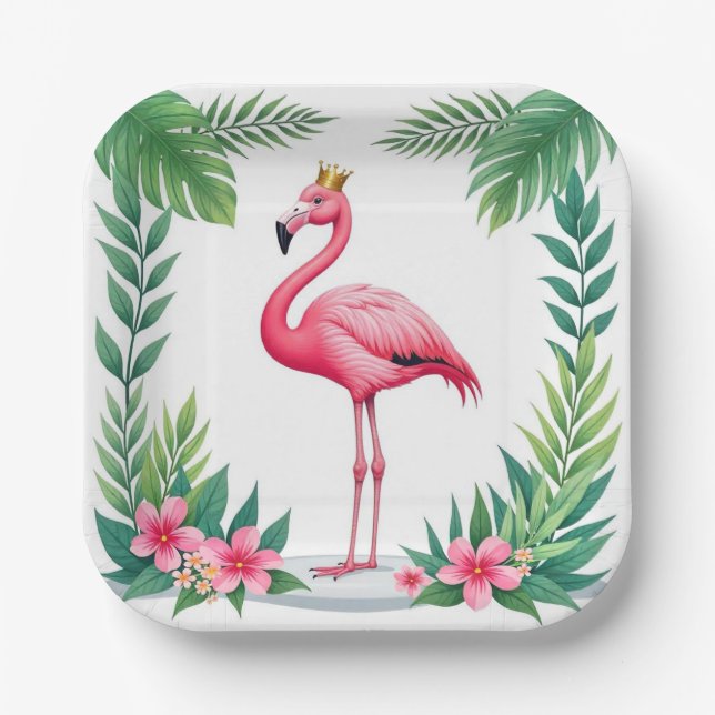 Plato De Papel Lush Leafy | Elegante Flamingo Rosa Crown Tropical (Anverso)